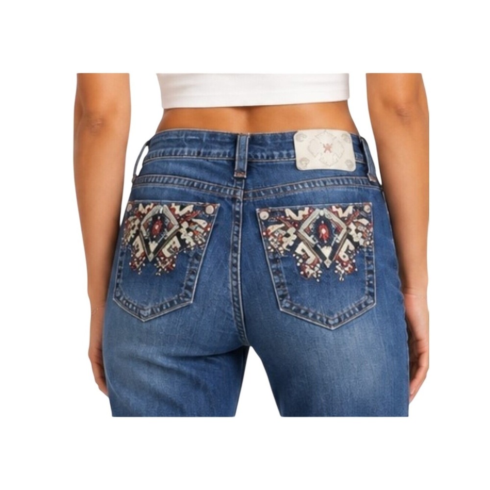 Miss Me 27 Easy Crop Jeans Y2K Embroidered Studded Western Boho Glitzy Festival